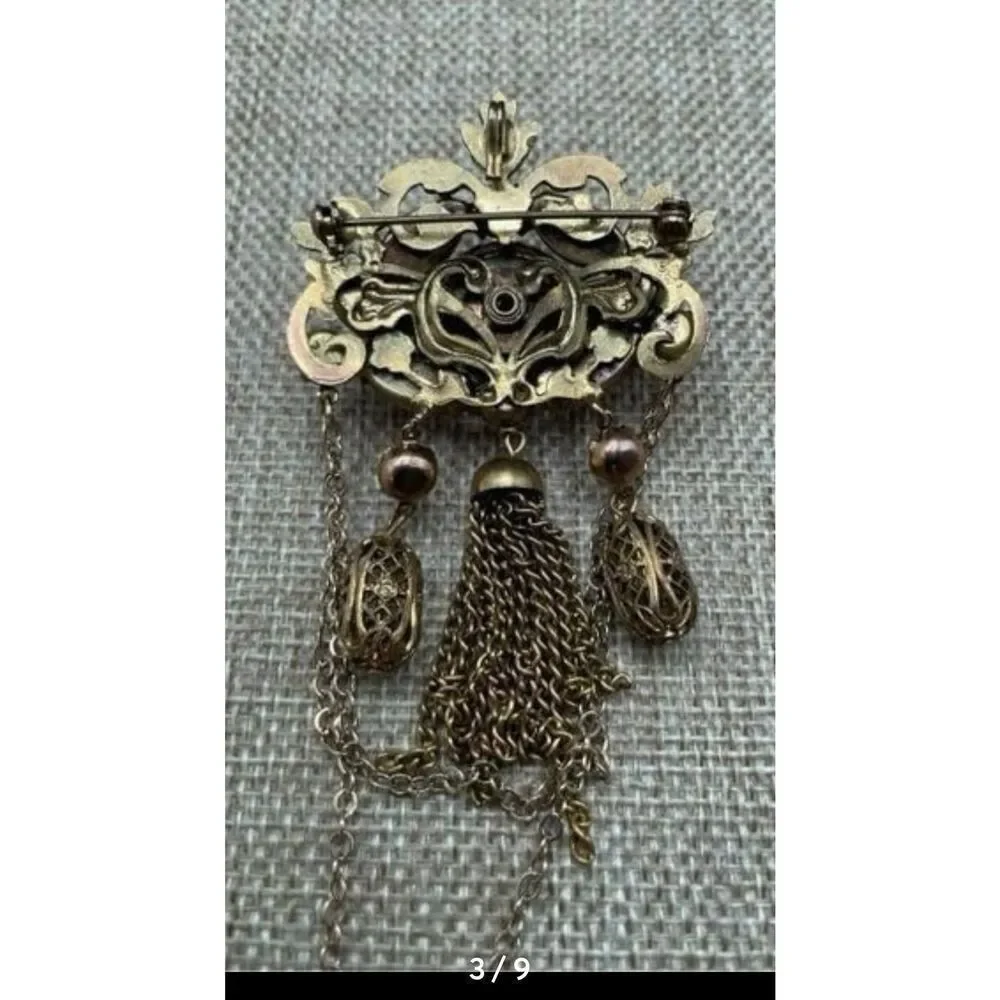 Vintage Pink Rhinestone Filigree Tassel Brooch Victorian Revival Style